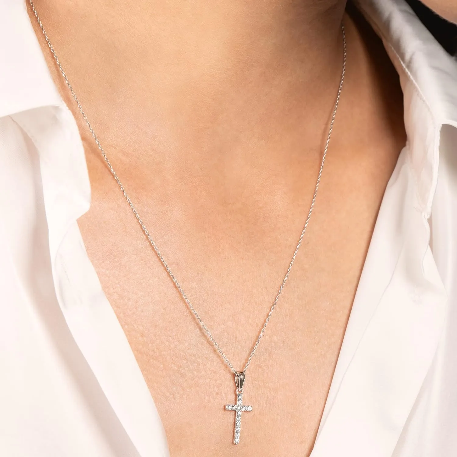 Everyday Elegance 14K Solid Gold Cross | Pave Round Cut Cubic Zirconia Pendant Necklace | 15mm Long, .30 CTW | 16 Inch or 18 Inch Chain | With Gift Box