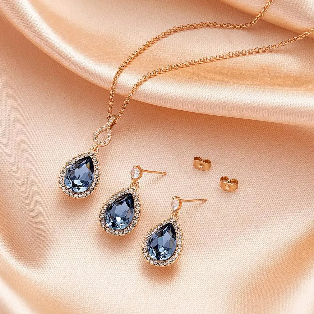 EVEVIC Austrian Crystals Teardrop Pendant Necklace Earrings for Women 14K Gold Plated Hypoallergenic Jewelry Set