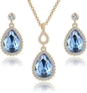 EVEVIC Austrian Crystals Teardrop Pendant Necklace Earrings for Women 14K Gold Plated Hypoallergenic Jewelry Set