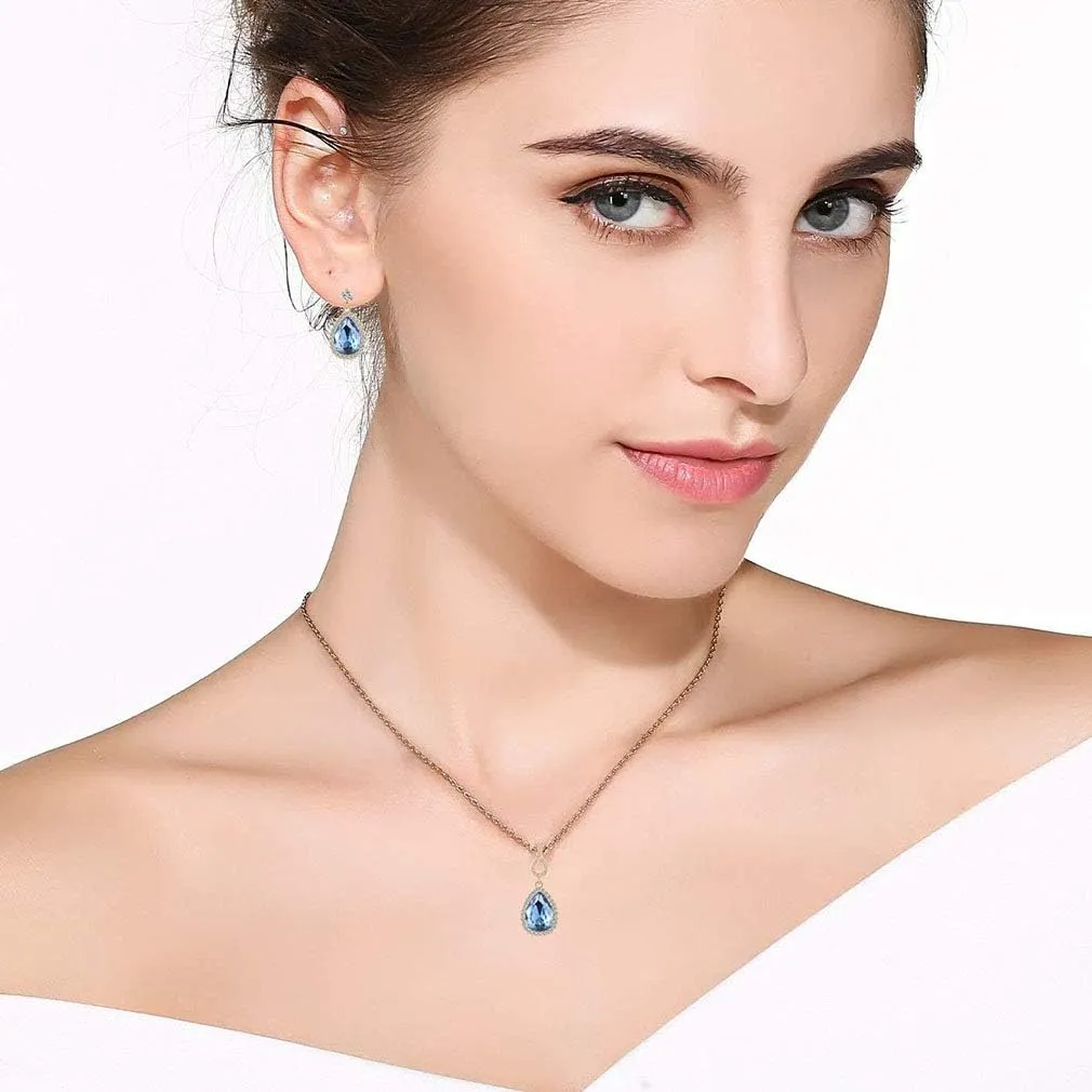 EVEVIC Austrian Crystals Teardrop Pendant Necklace Earrings for Women 14K Gold Plated Hypoallergenic Jewelry Set