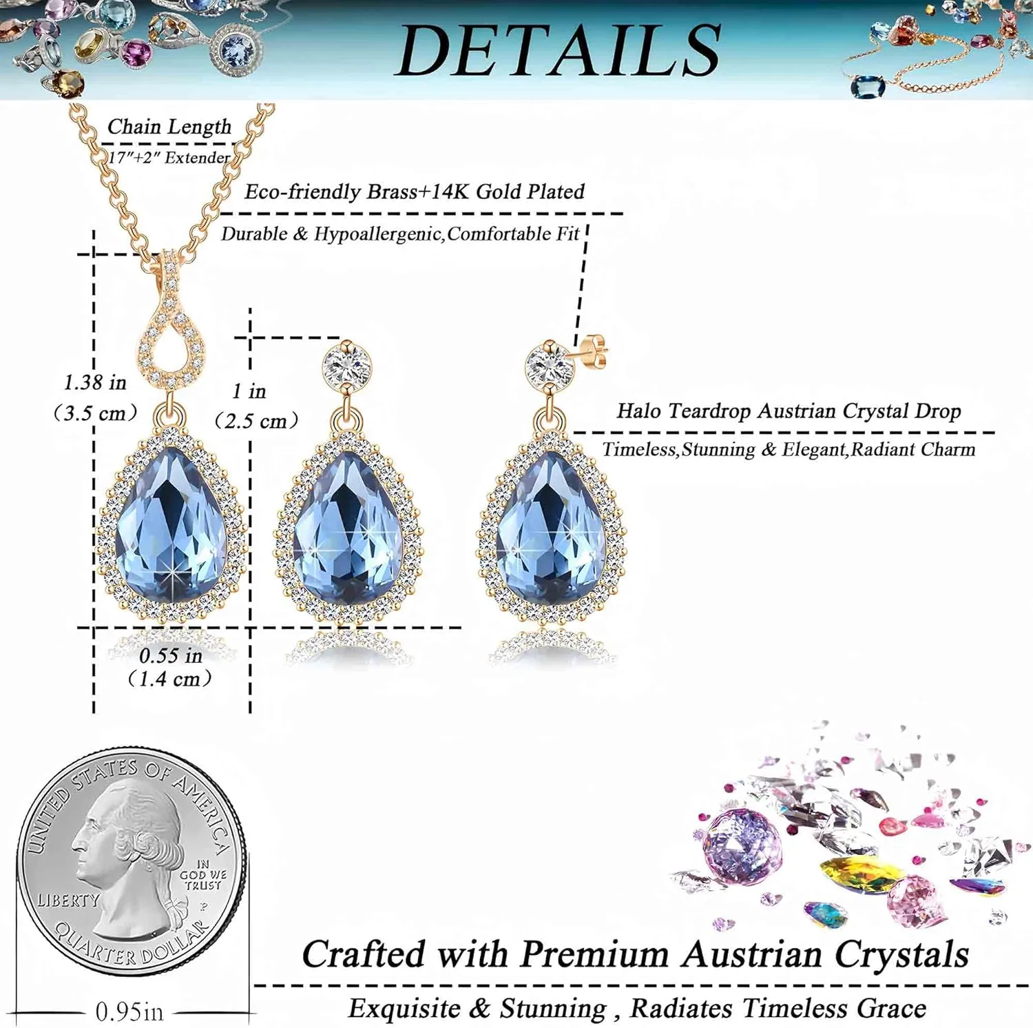EVEVIC Austrian Crystals Teardrop Pendant Necklace Earrings for Women 14K Gold Plated Hypoallergenic Jewelry Set