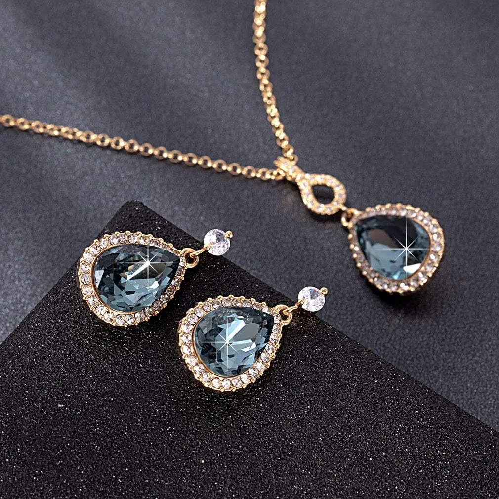 EVEVIC Austrian Crystals Teardrop Pendant Necklace Earrings for Women 14K Gold Plated Hypoallergenic Jewelry Set
