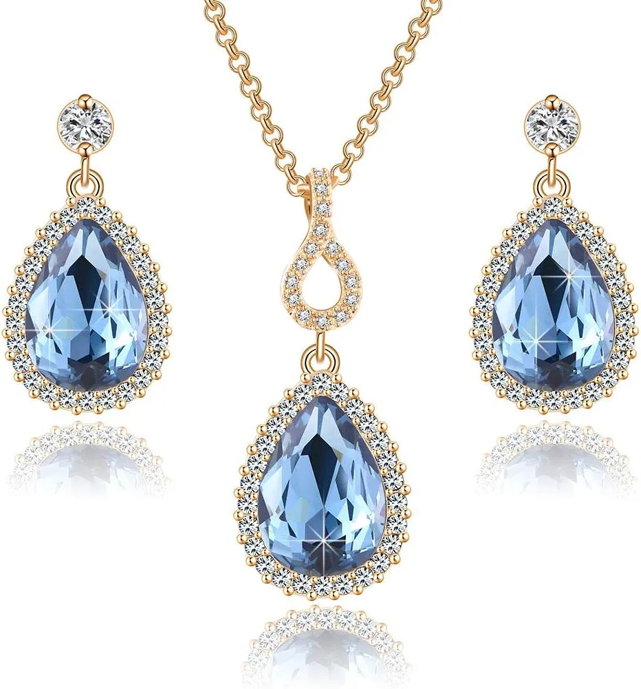 EVEVIC Austrian Crystals Teardrop Pendant Necklace Earrings for Women 14K Gold Plated Hypoallergenic Jewelry Set