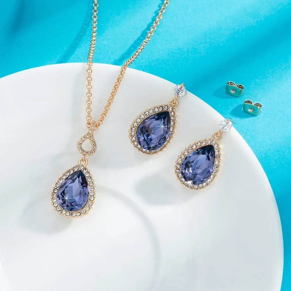 EVEVIC Austrian Crystals Teardrop Pendant Necklace Earrings for Women 14K Gold Plated Hypoallergenic Jewelry Set
