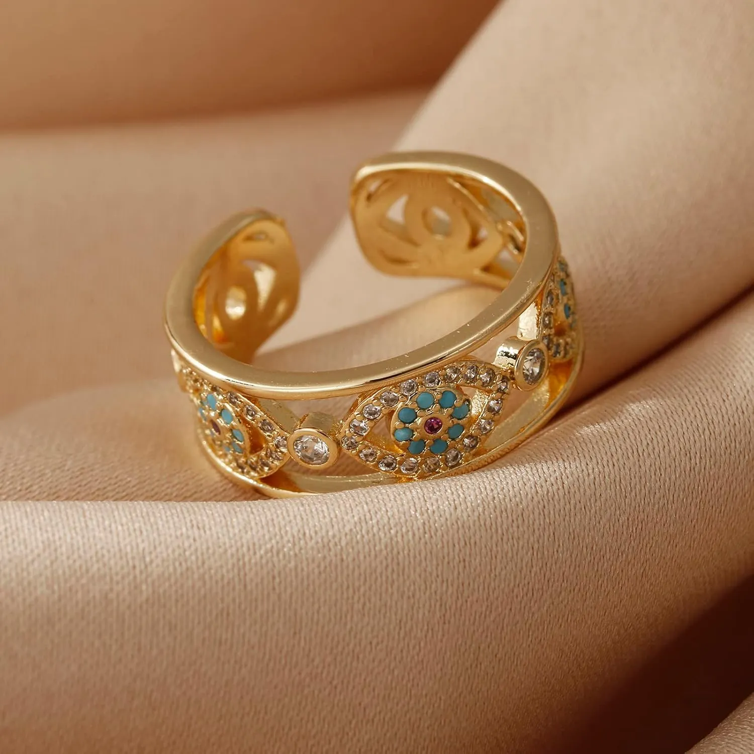 Evil Eye Ring for Women, Gold Plated Colorful Cubic Zirconia Turkish Faith Protection for Women