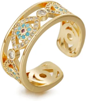 Evil Eye Ring for Women, Gold Plated Colorful Cubic Zirconia Turkish Faith Protection for Women