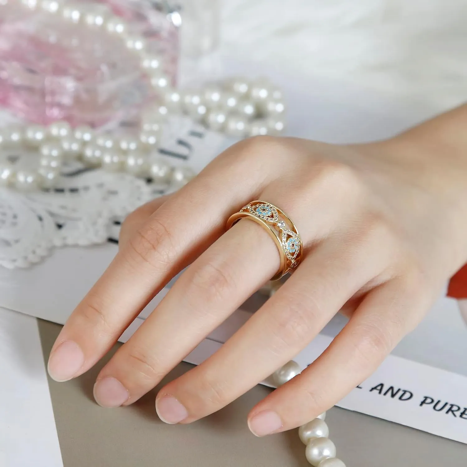 Evil Eye Ring for Women, Gold Plated Colorful Cubic Zirconia Turkish Faith Protection for Women