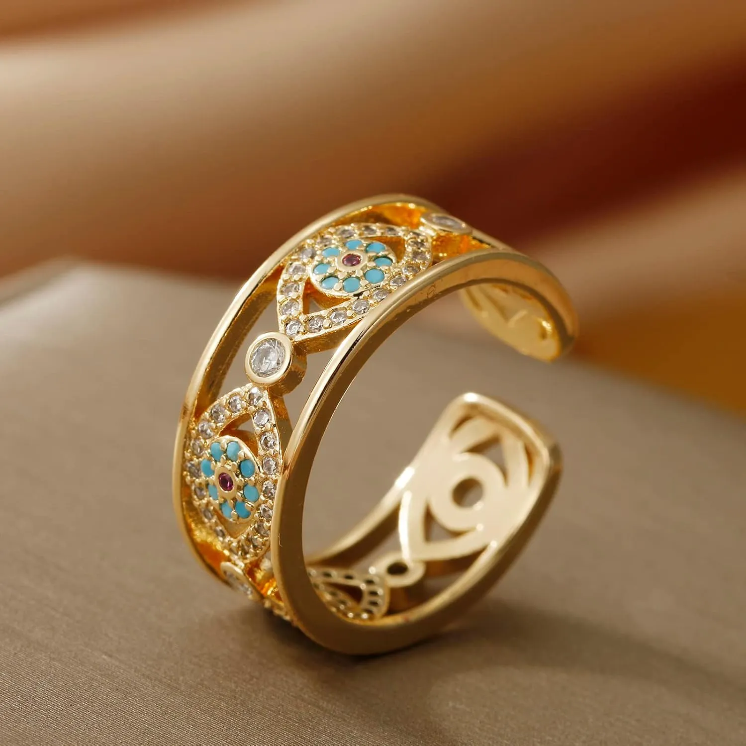 Evil Eye Ring for Women, Gold Plated Colorful Cubic Zirconia Turkish Faith Protection for Women
