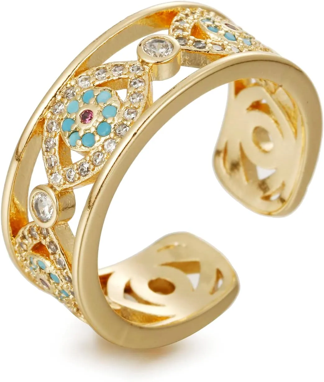 Evil Eye Ring for Women, Gold Plated Colorful Cubic Zirconia Turkish Faith Protection for Women