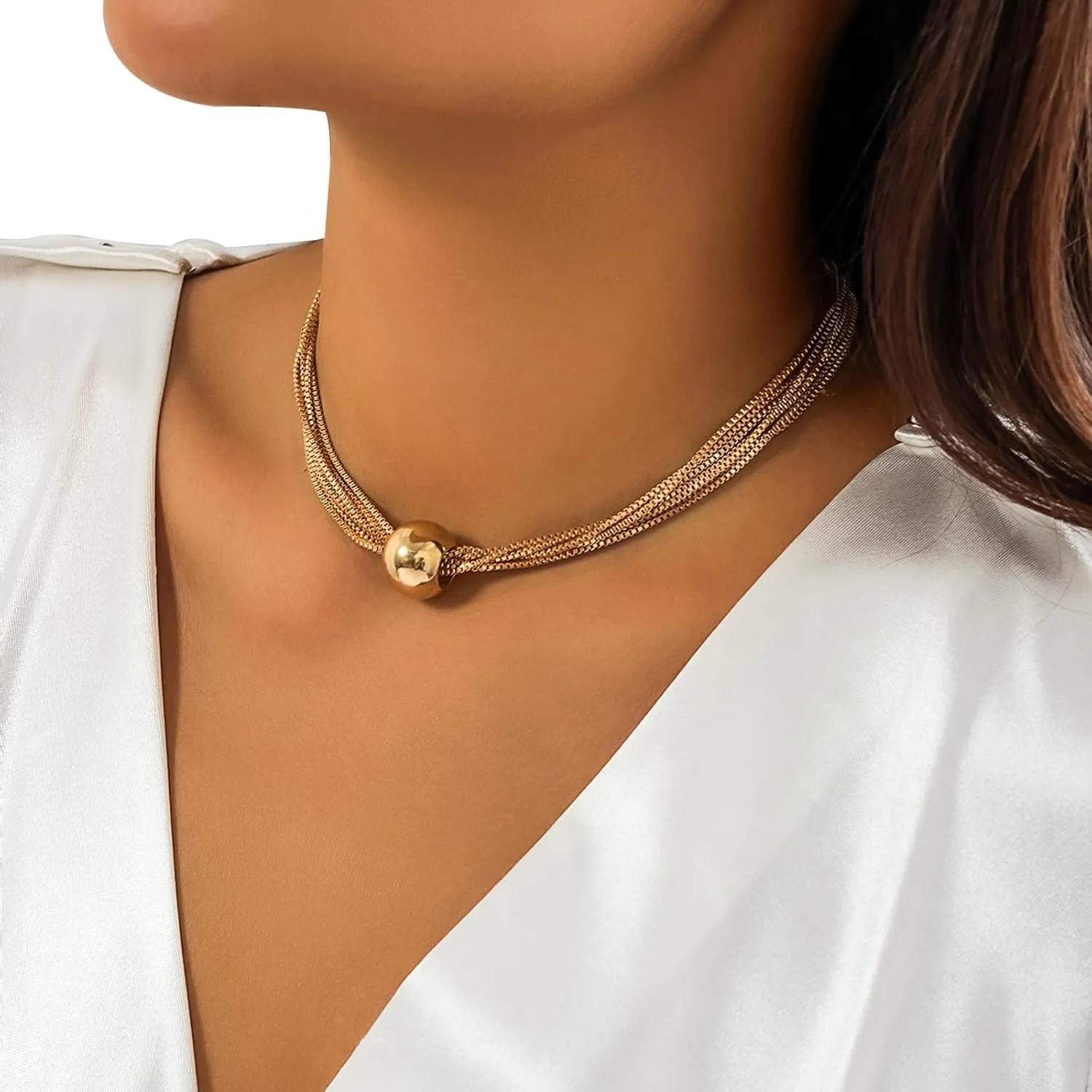 Exaggerated Big Ball Pendant Choker Necklace Y Shape Long Chain Necklace Festival Rave Statement Clavicle Chain Neck Multi-Layered Body Chain Necklace Hip Hop Collar Necklace for Women