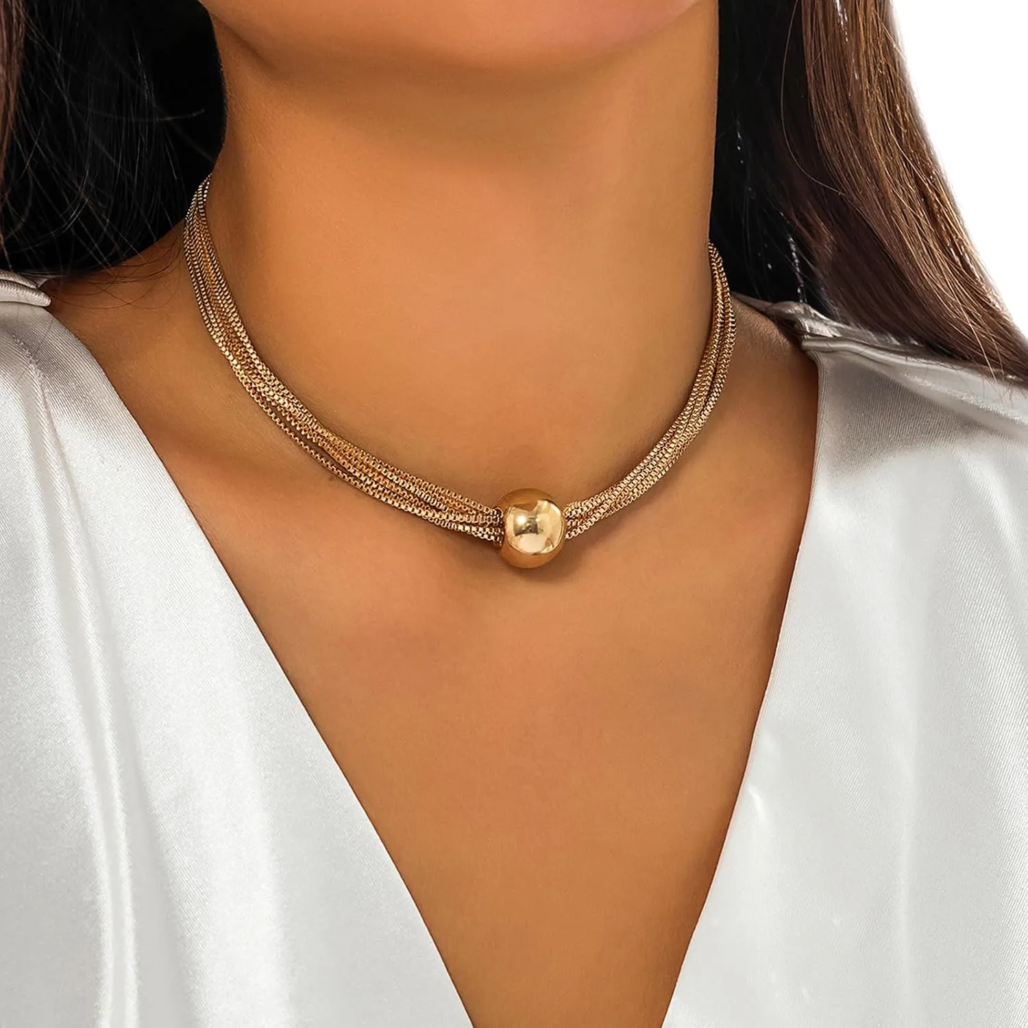 Exaggerated Big Ball Pendant Choker Necklace Y Shape Long Chain Necklace Festival Rave Statement Clavicle Chain Neck Multi-Layered Body Chain Necklace Hip Hop Collar Necklace for Women