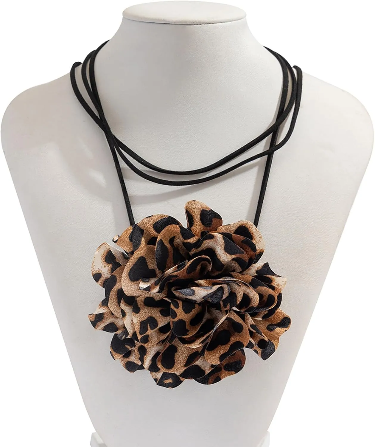 Exaggerated Big Rose Flower Choker Necklace Black Adjustable Leather Rope Clavicle Chain Neck Multi-layered Statement Collar Necklace for Women