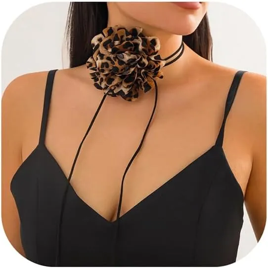 Exaggerated Big Rose Flower Choker Necklace Black Adjustable Leather Rope Clavicle Chain Neck Multi-layered Statement Collar Necklace for Women