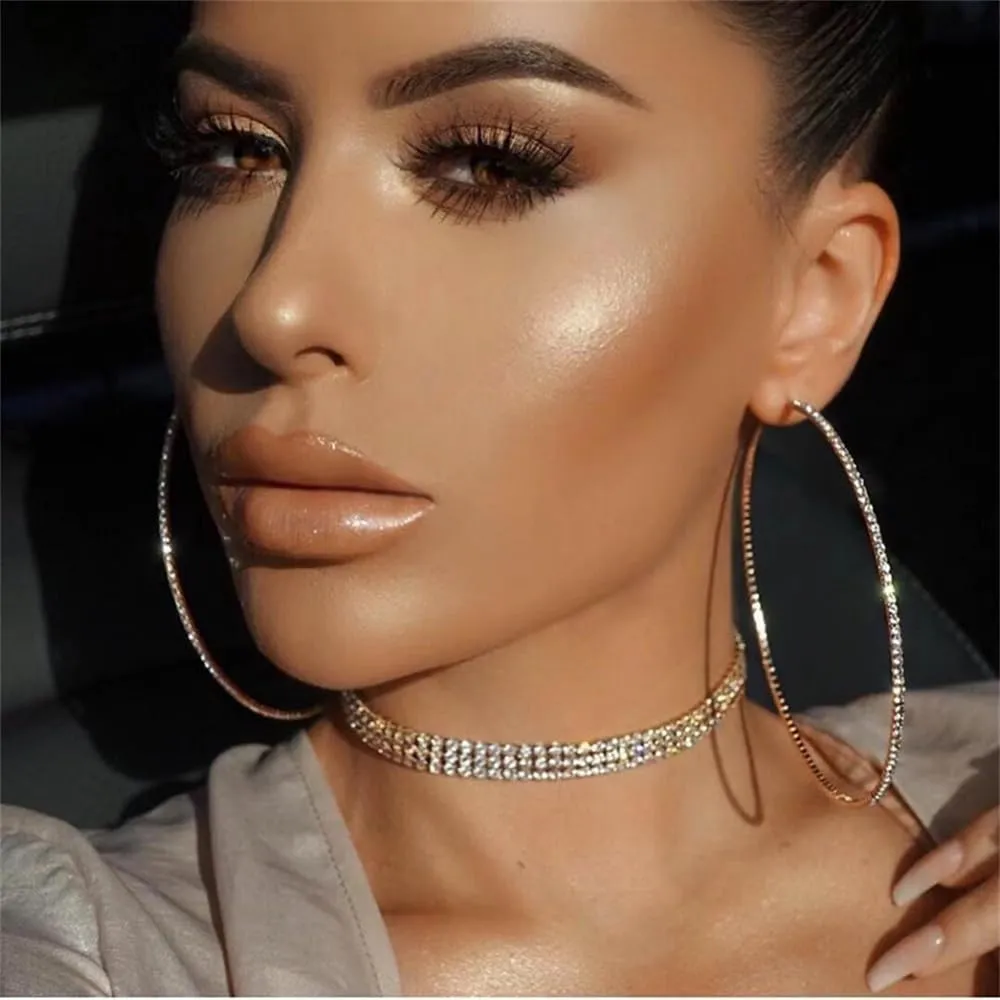 Extra Large Rhinestone Hoop Earrings for Women Girls Hypoallergenic Big 100mm Huggie CZ Hoops Dangle Drop Earring Fashion Chic Party Jewelry Gifts 4 inch