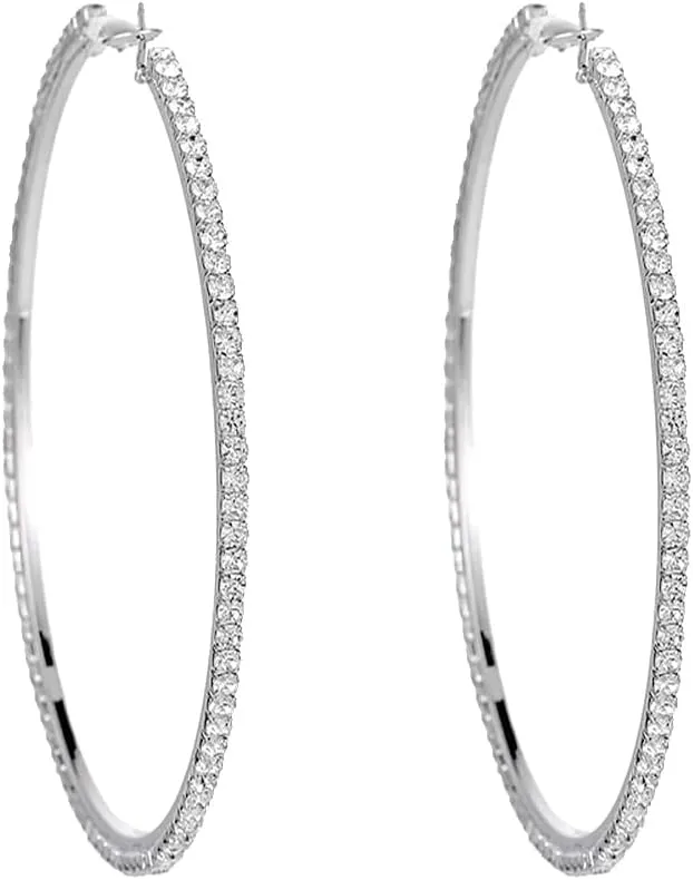 Extra Large Rhinestone Hoop Earrings for Women Girls Hypoallergenic Big 100mm Huggie CZ Hoops Dangle Drop Earring Fashion Chic Party Jewelry Gifts 4 inch