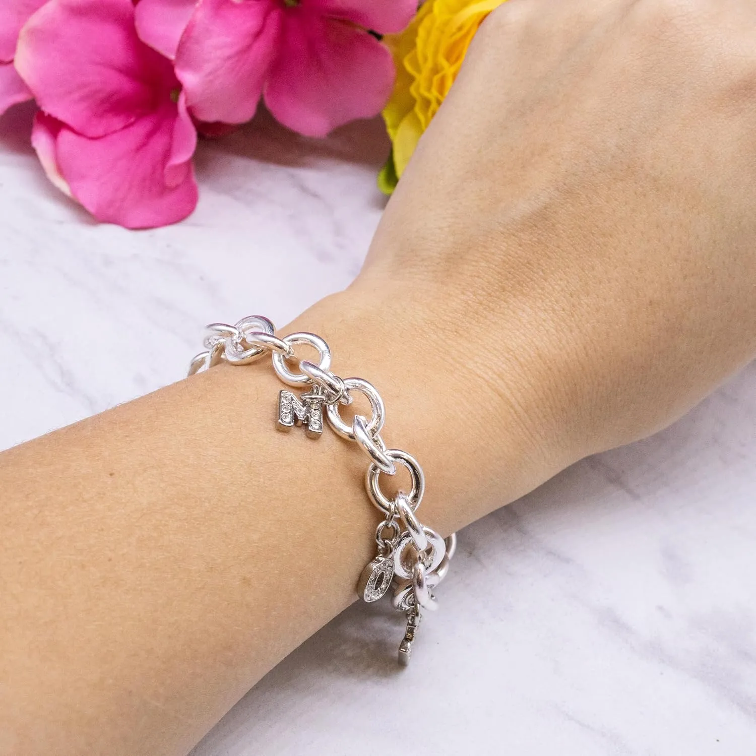 Fablinks Mother's Day Bracelet for Women, Sterling Silver Plated Jewelry with Rhinestone Charm Letters, Link Bracelet