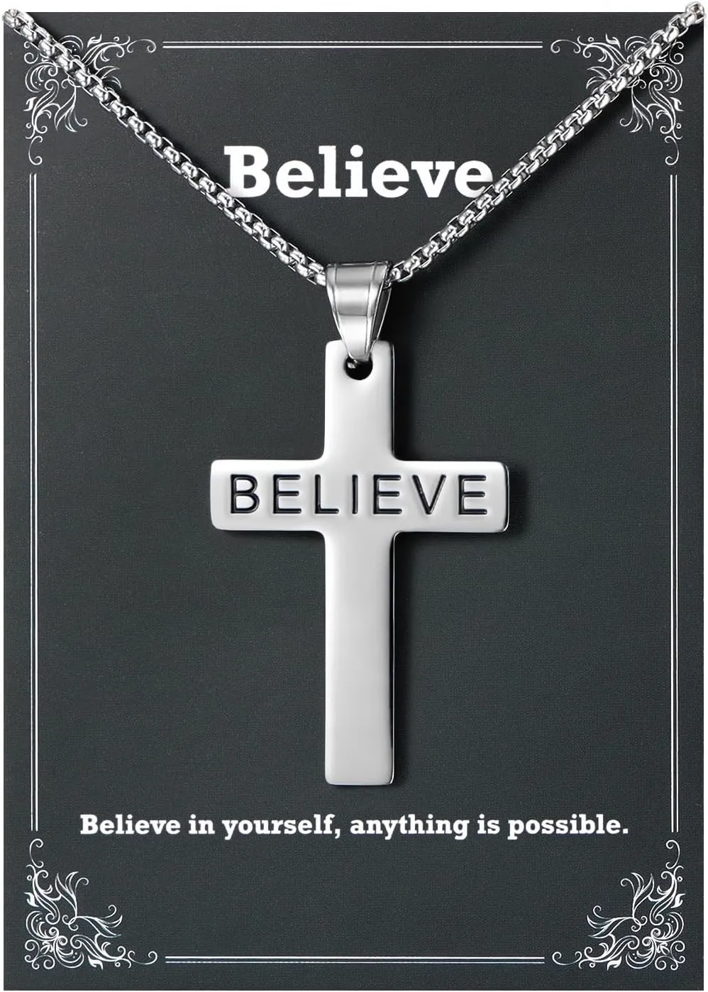 Faith Cross Necklace - Stainless Steel Chain Necklace for Men, Baptism Religious Gifts Christian Jewelry