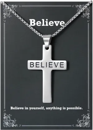 Faith Cross Necklace - Stainless Steel Chain Necklace for Men, Baptism Religious Gifts Christian Jewelry