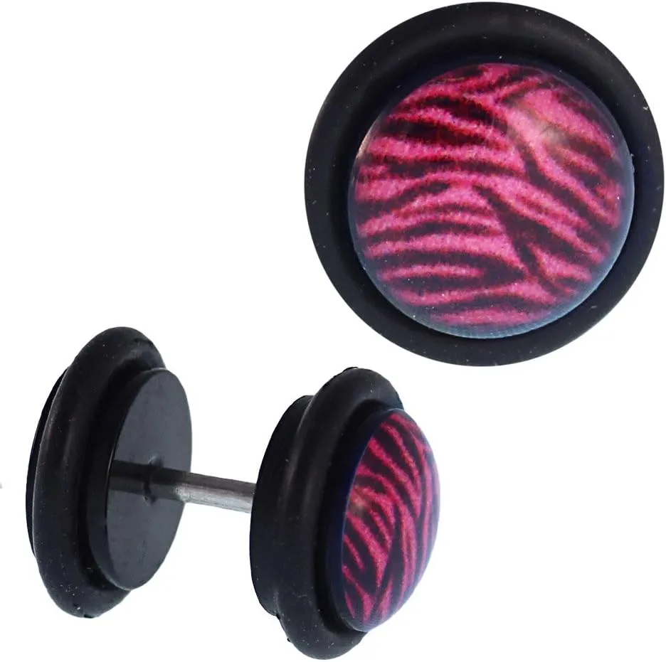 Fake Piercing Plug Black Leopard Fur Pink Black Gummiring 7 mm