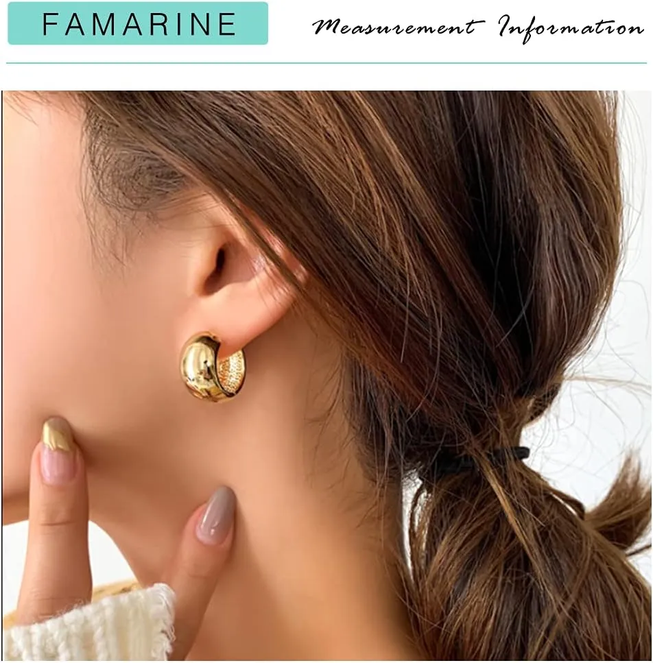 FAMARINE Small Chunky Thick Hoop Earrings for Women Girls Gold Hoops Huggie Earrings for Men Gift, 14K Gold Plated