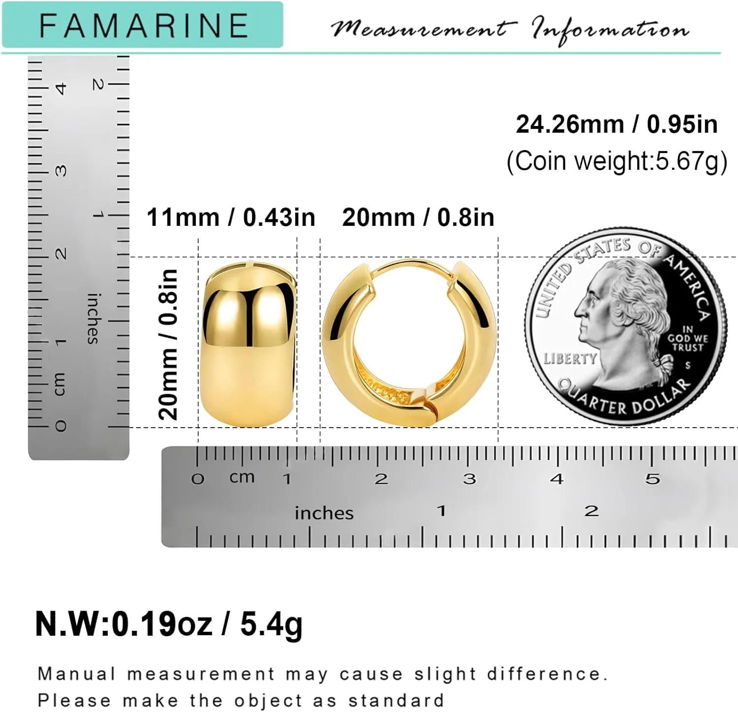 FAMARINE Small Chunky Thick Hoop Earrings for Women Girls Gold Hoops Huggie Earrings for Men Gift, 14K Gold Plated