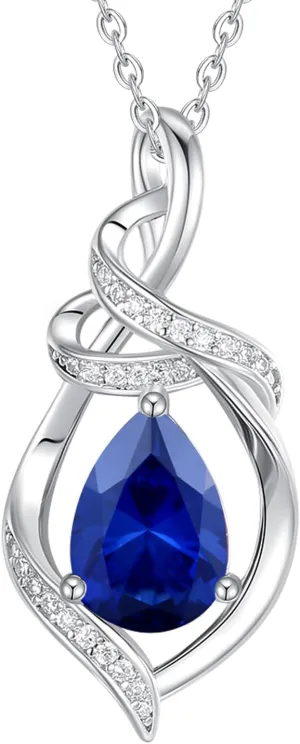 FANCIME Teardrop Gemstone Necklace for Women S925 Sterling Silver Elegant Ribbon Pendent Birthday Gifts for Her, 16" 2" Inches
