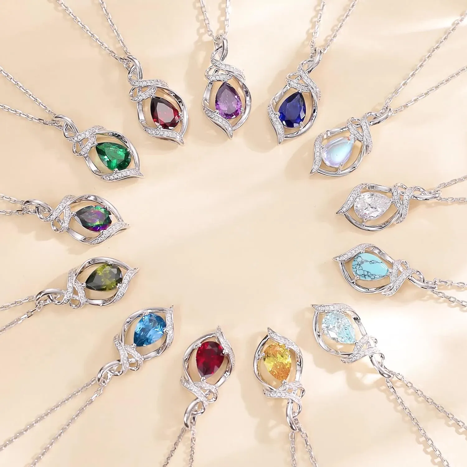 FANCIME Teardrop Gemstone Necklace for Women S925 Sterling Silver Elegant Ribbon Pendent Birthday Gifts for Her, 16" 2" Inches