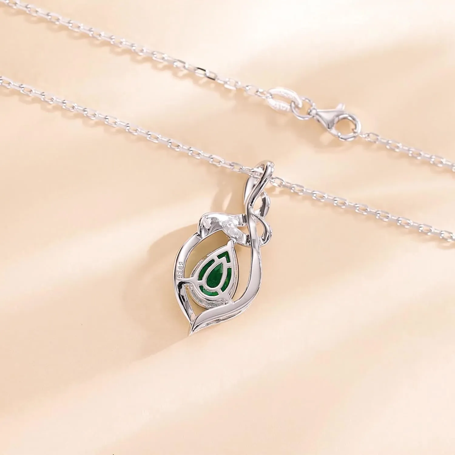 FANCIME Teardrop Gemstone Necklace for Women S925 Sterling Silver Elegant Ribbon Pendent Birthday Gifts for Her, 16" 2" Inches