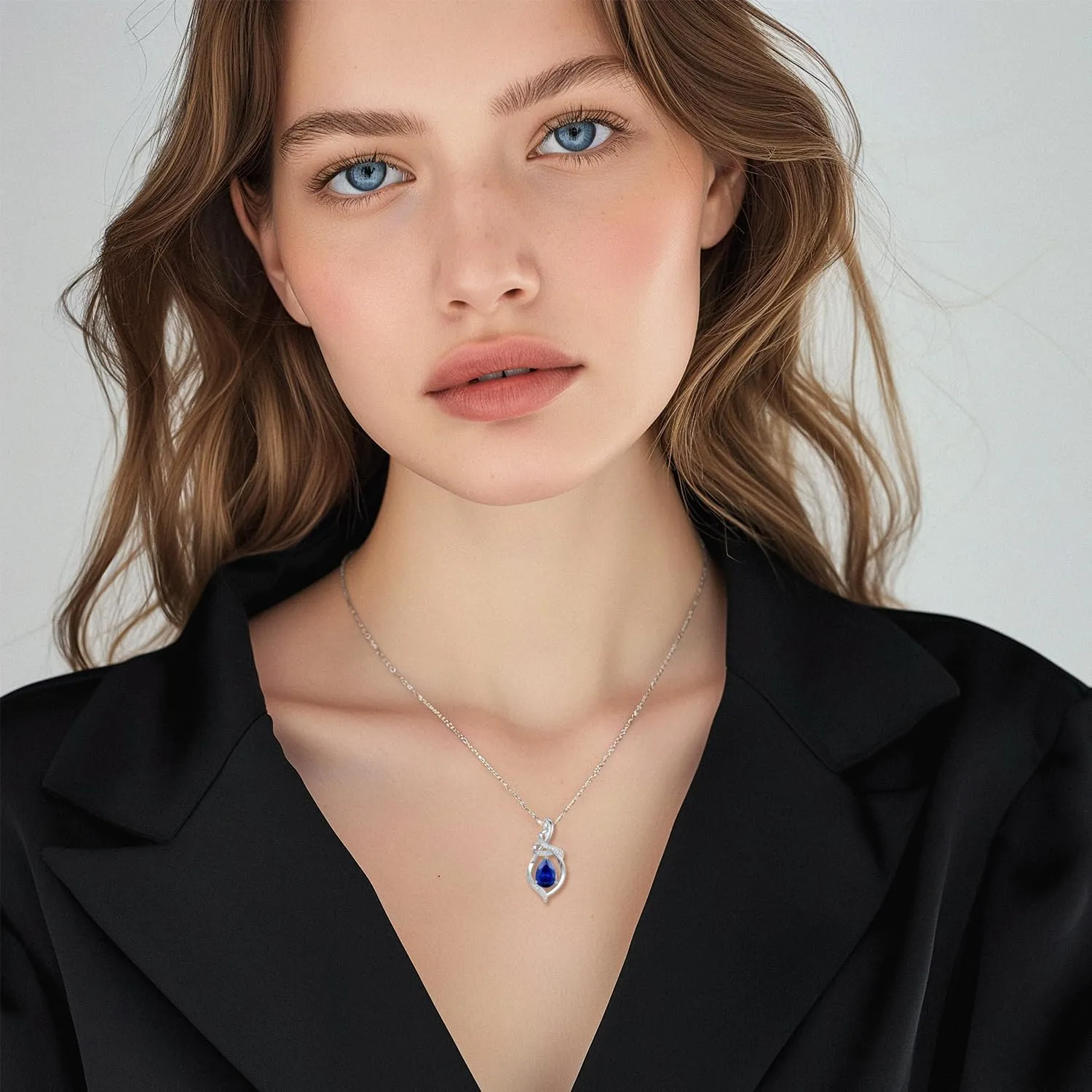 FANCIME Teardrop Gemstone Necklace for Women S925 Sterling Silver Elegant Ribbon Pendent Birthday Gifts for Her, 16" 2" Inches