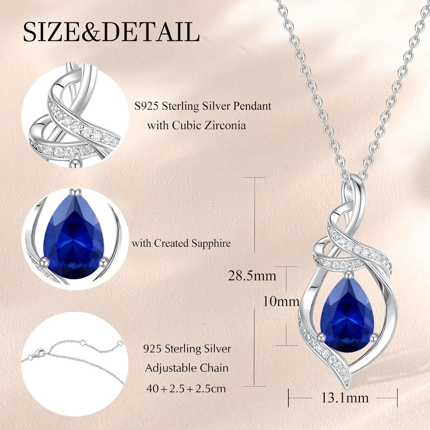 FANCIME Teardrop Gemstone Necklace for Women S925 Sterling Silver Elegant Ribbon Pendent Birthday Gifts for Her, 16" 2" Inches