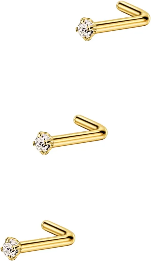 FANSING 3 Pieces CZ Nose Studs L Shape Nose Rings Studs for Women Surgical Steel Nostril Piercing Jewelry