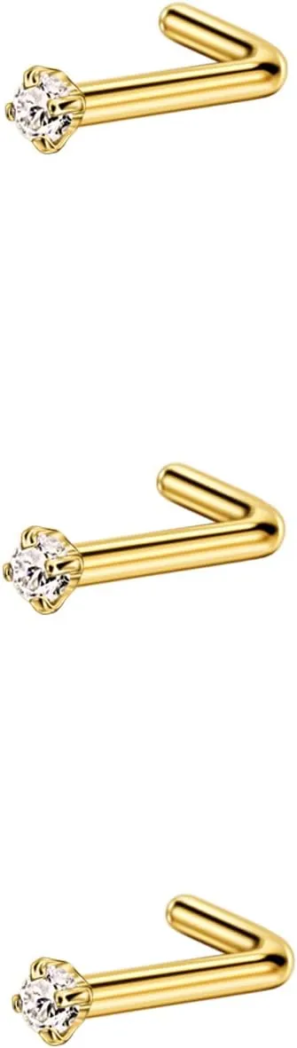 FANSING 3 Pieces CZ Nose Studs L Shape Nose Rings Studs for Women Surgical Steel Nostril Piercing Jewelry