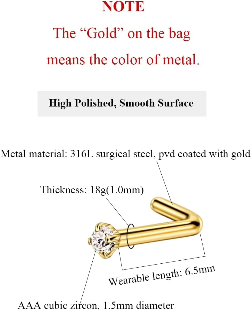 FANSING 3 Pieces CZ Nose Studs L Shape Nose Rings Studs for Women Surgical Steel Nostril Piercing Jewelry
