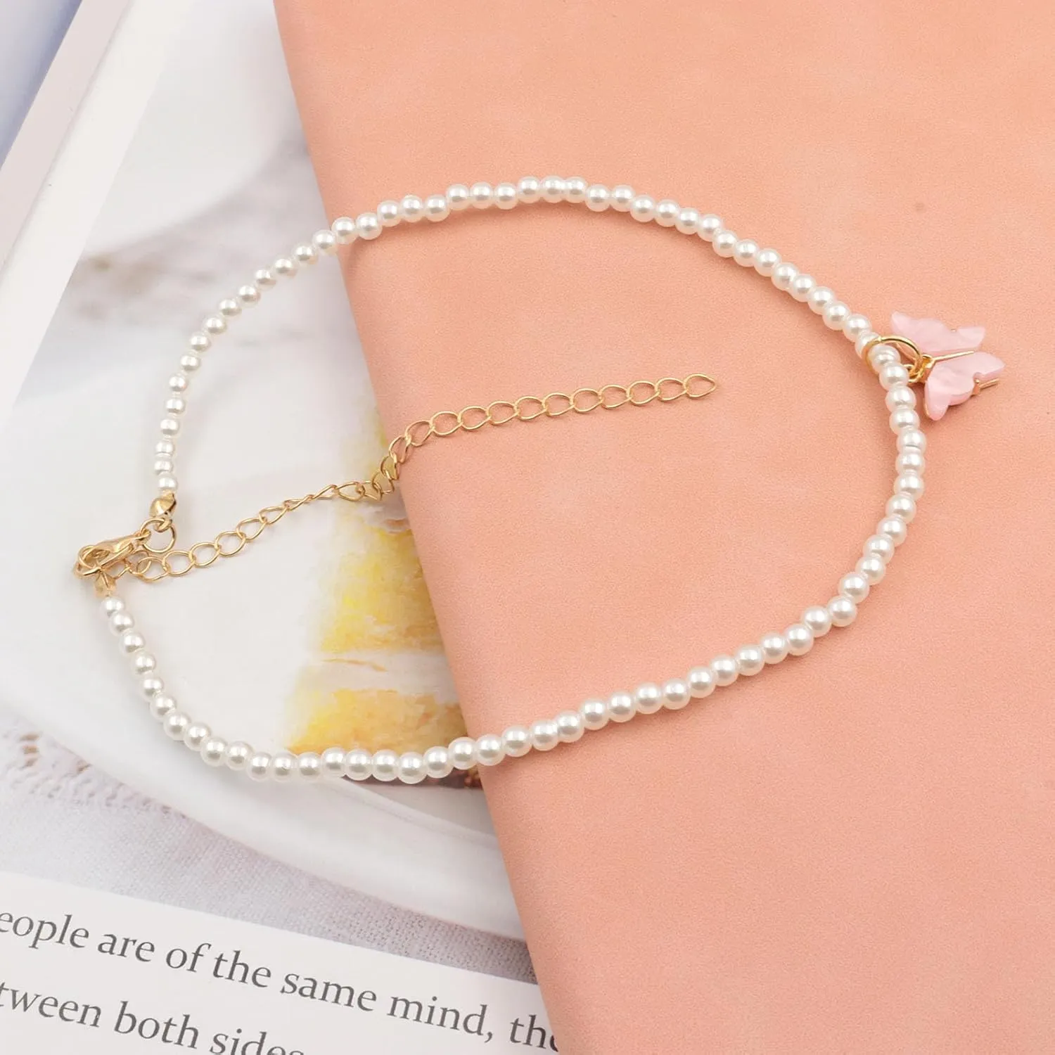 Fashion Colorful Butterfly Necklace for Women,Simple Charm White Pearl Choker Necklace Jewelry Gifts