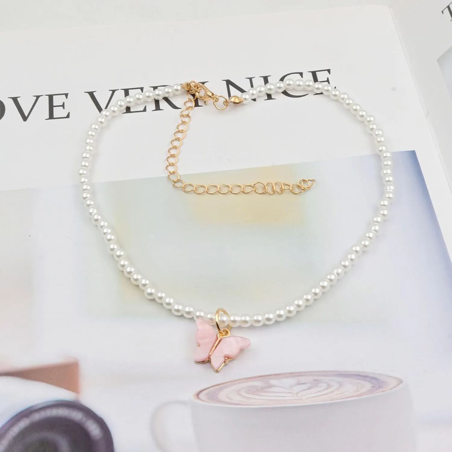 Fashion Colorful Butterfly Necklace for Women,Simple Charm White Pearl Choker Necklace Jewelry Gifts