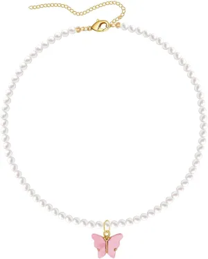 Fashion Colorful Butterfly Necklace for Women,Simple Charm White Pearl Choker Necklace Jewelry Gifts