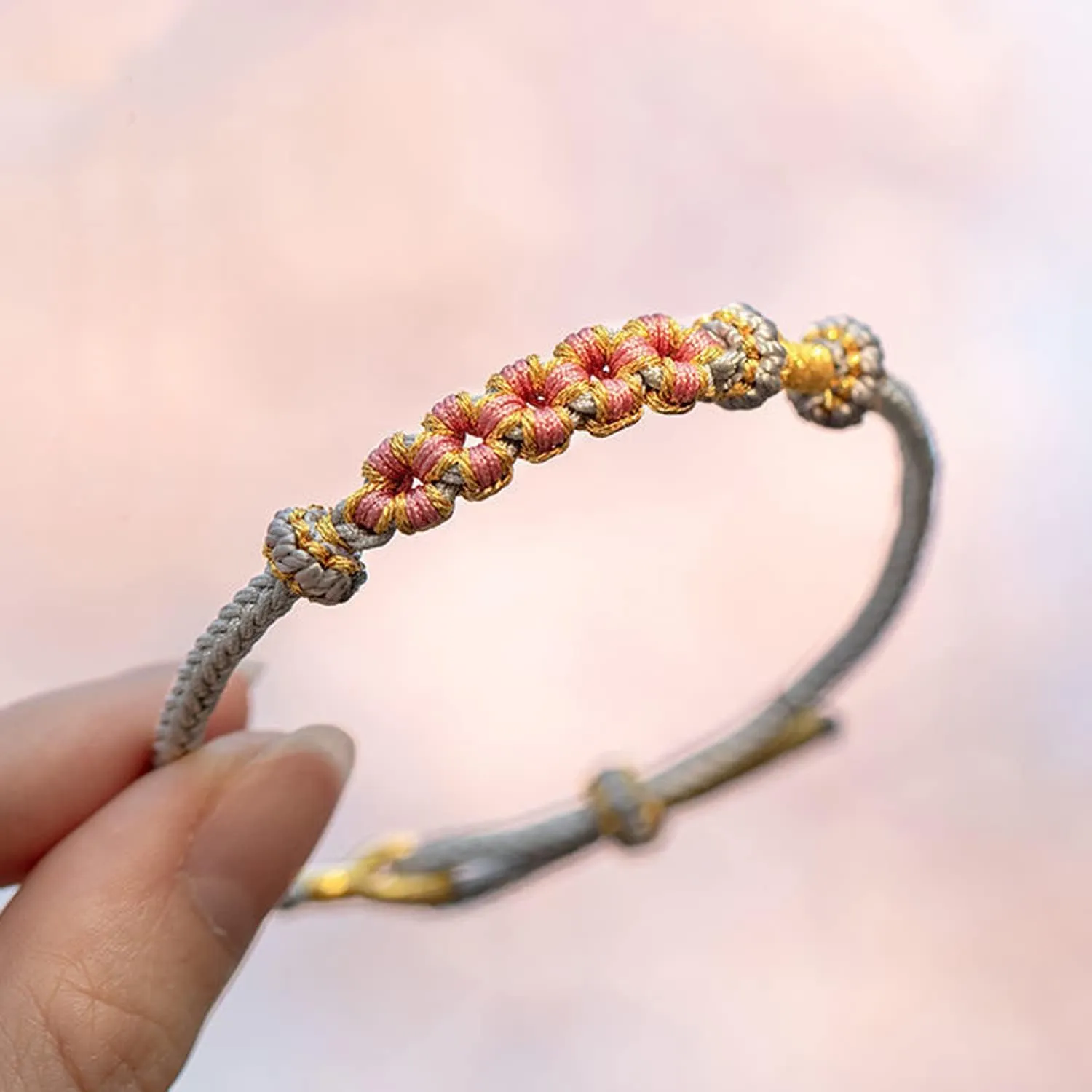 Fashion Women Men Handmade Chinese Spring Peach Blossom Knot Flower Charm Feng Shui Lucky Red Rope Bracelet Half-finished DIY Jewelry Accessories Couple Bracelets Friendship Love Gifts