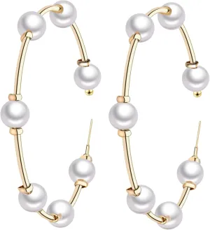 Faux Pearl Hoop Earrings for Women Lightweight Open Large Circle Heart Dangle Drop Open Huge Earrings Artificial Pearl Beaded Earrings Brides Jewelry