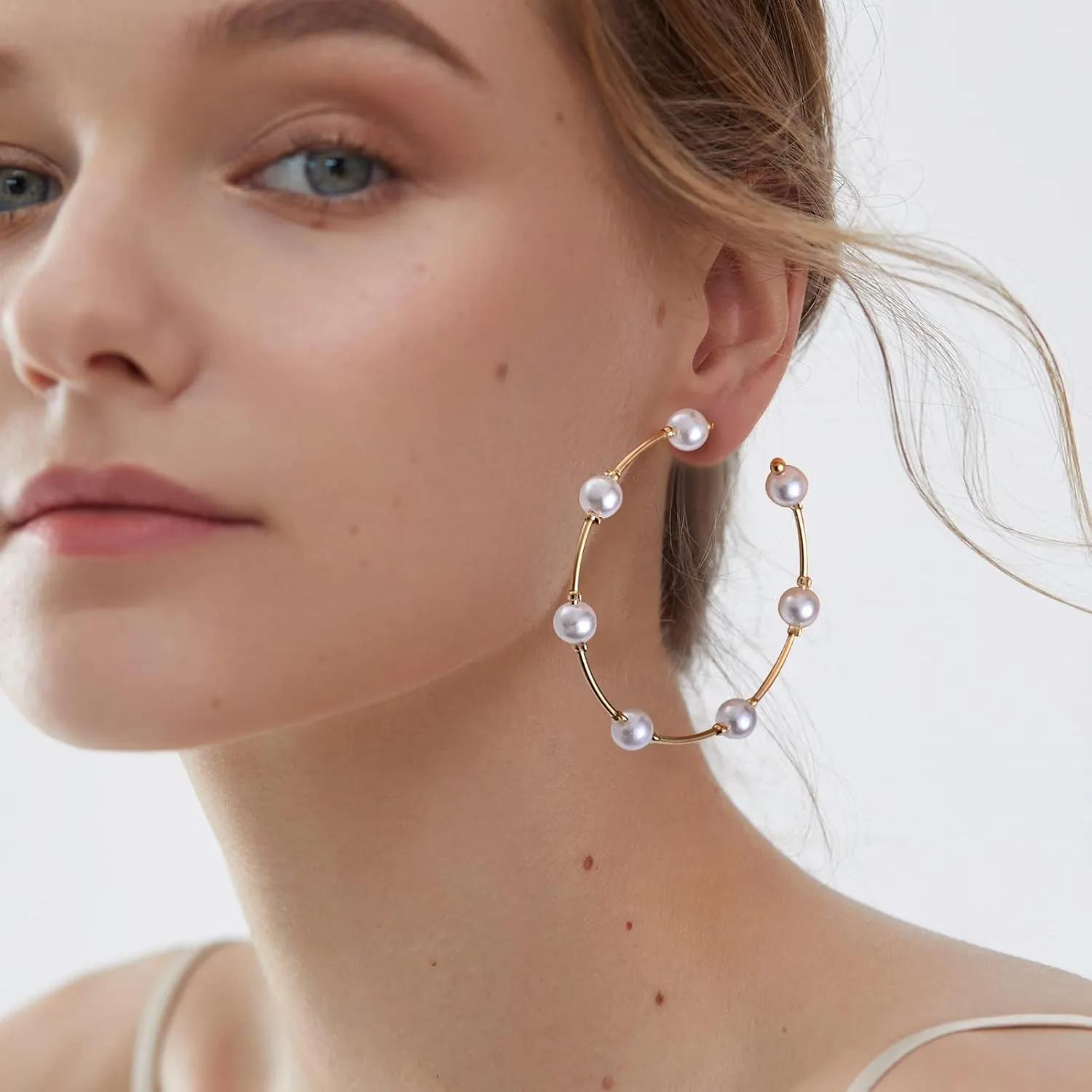 Faux Pearl Hoop Earrings for Women Lightweight Open Large Circle Heart Dangle Drop Open Huge Earrings Artificial Pearl Beaded Earrings Brides Jewelry