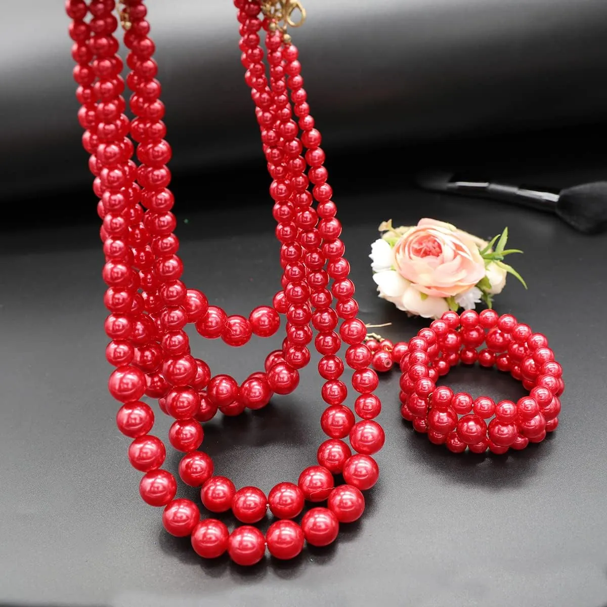Faux Pearl Necklace Set - Multi Strand, Bib, Earrings & Bracelet - 1920s Costume Jewelry