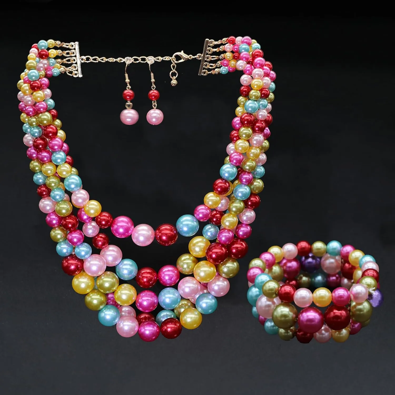 Faux Pearl Necklace Set - Multi Strand, Bib, Earrings & Bracelet - 1920s Costume Jewelry