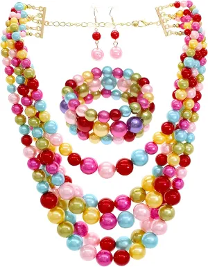 Faux Pearl Necklace Set - Multi Strand, Bib, Earrings & Bracelet - 1920s Costume Jewelry