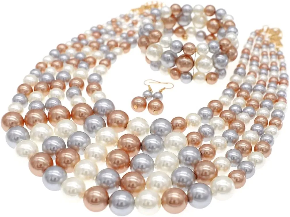 Faux Pearl Necklace Set - Multi Strand, Bib, Earrings & Bracelet - 1920s Costume Jewelry