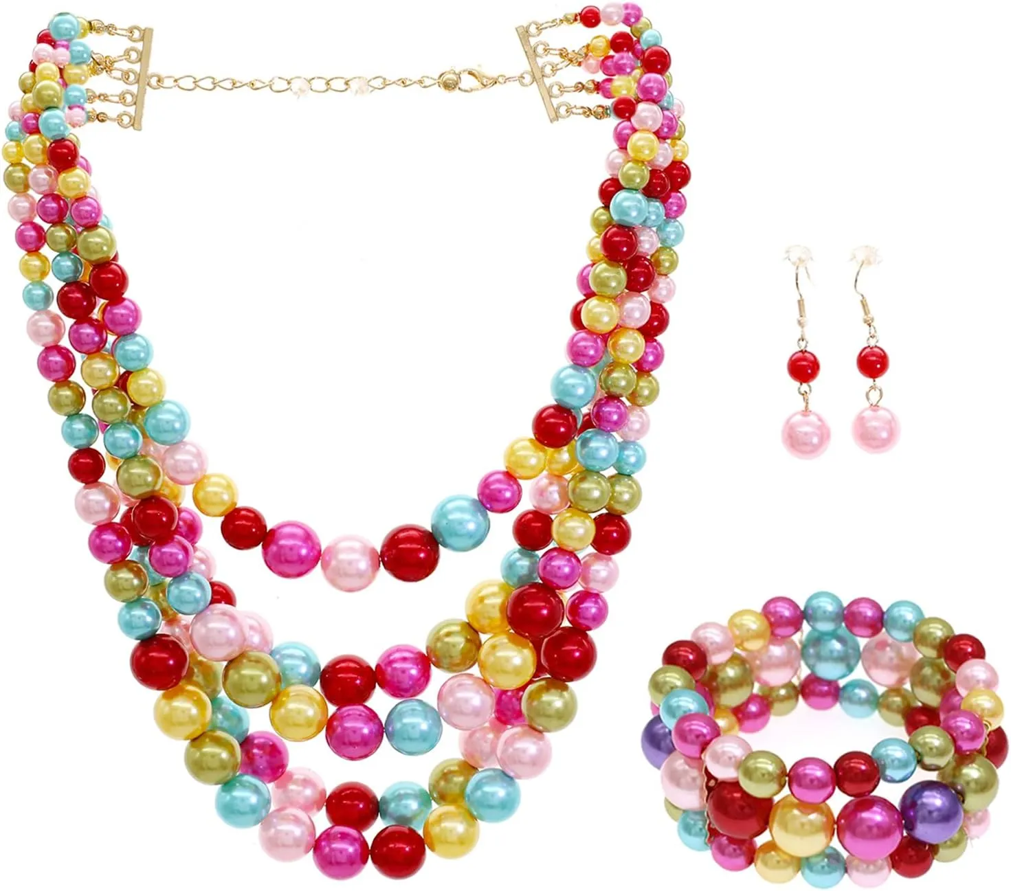 Faux Pearl Necklace Set - Multi Strand, Bib, Earrings & Bracelet - 1920s Costume Jewelry