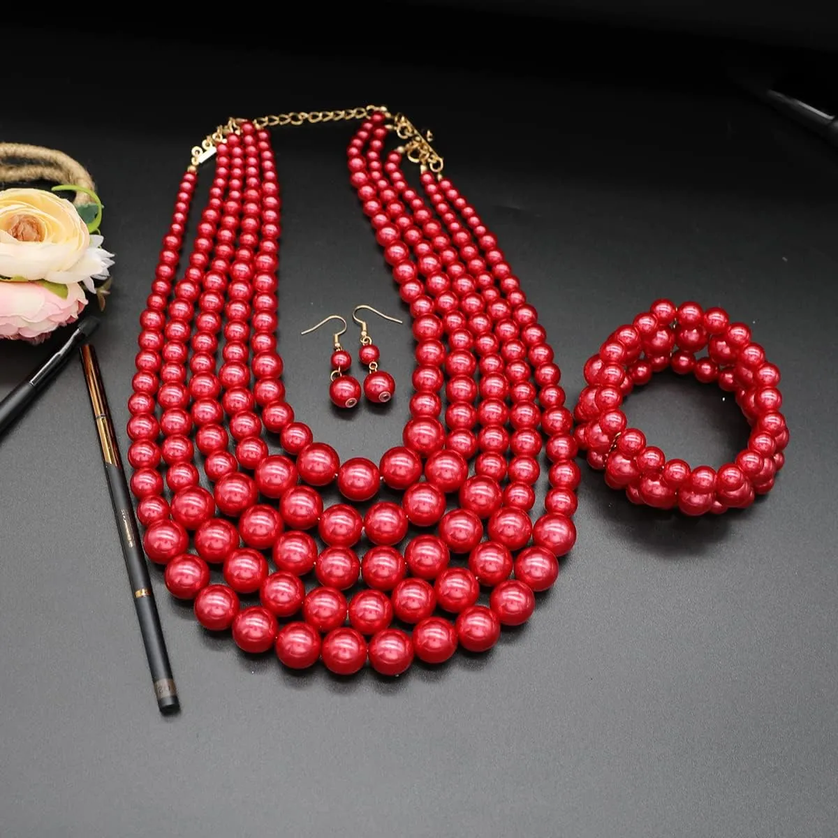 Faux Pearl Necklace Set - Multi Strand, Bib, Earrings & Bracelet - 1920s Costume Jewelry
