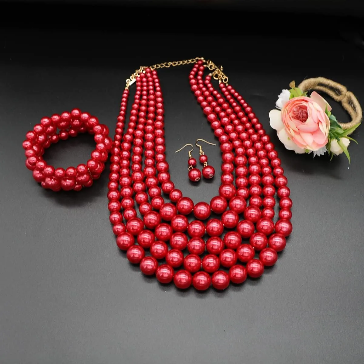 Faux Pearl Necklace Set - Multi Strand, Bib, Earrings & Bracelet - 1920s Costume Jewelry