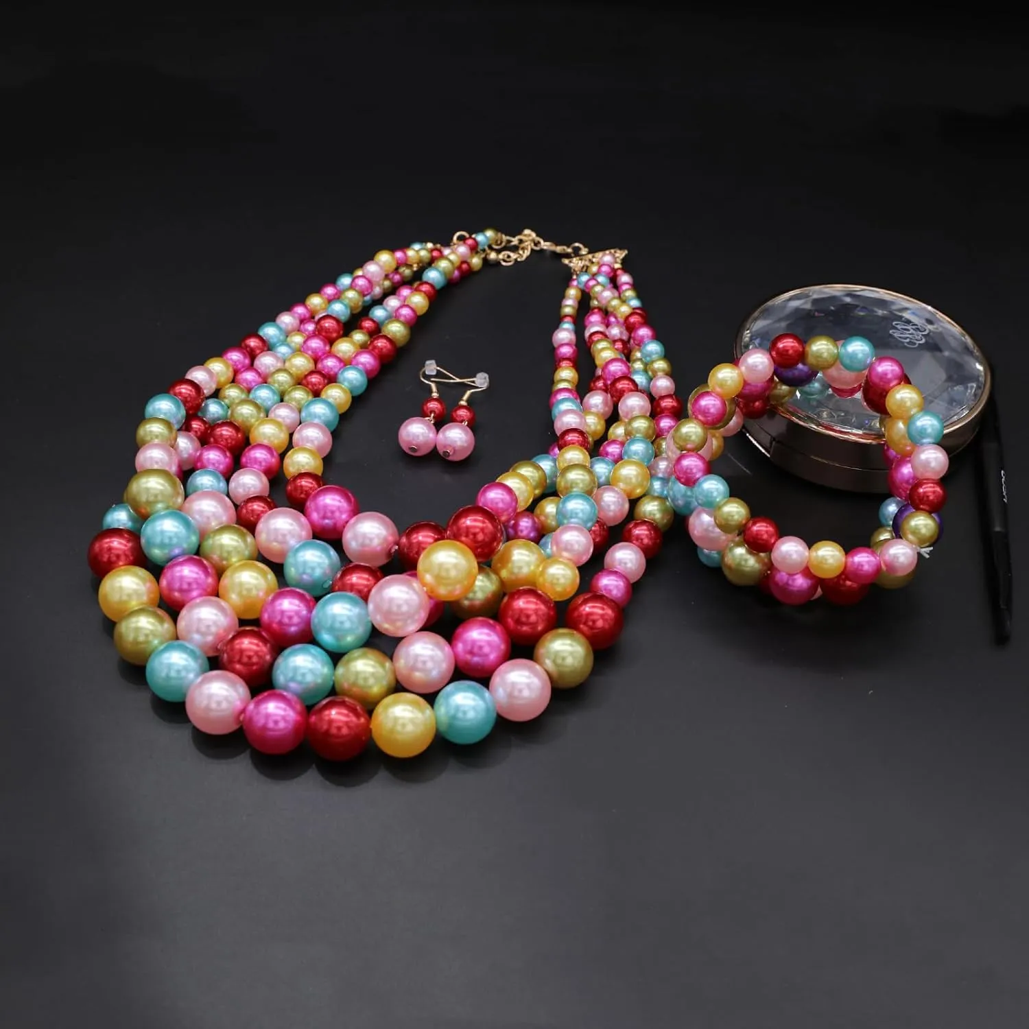 Faux Pearl Necklace Set - Multi Strand, Bib, Earrings & Bracelet - 1920s Costume Jewelry