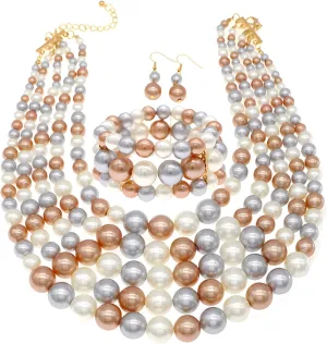 Faux Pearl Necklace Set - Multi Strand, Bib, Earrings & Bracelet - 1920s Costume Jewelry