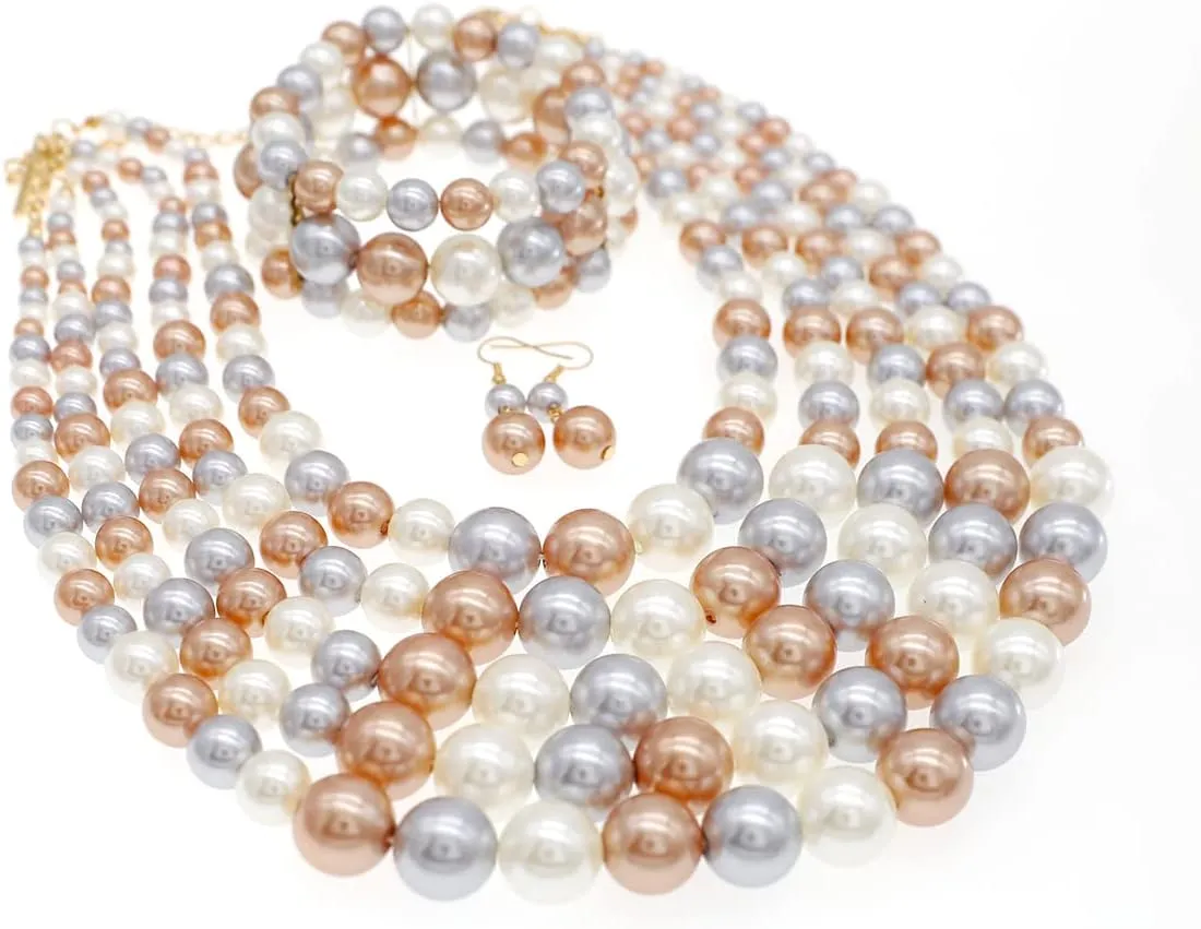 Faux Pearl Necklace Set - Multi Strand, Bib, Earrings & Bracelet - 1920s Costume Jewelry