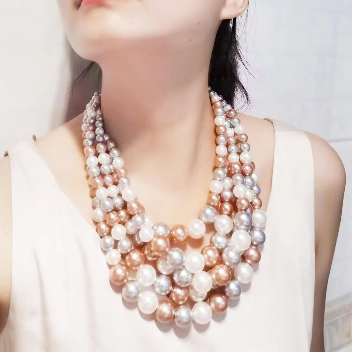 Faux Pearl Necklace Set - Multi Strand, Bib, Earrings & Bracelet - 1920s Costume Jewelry
